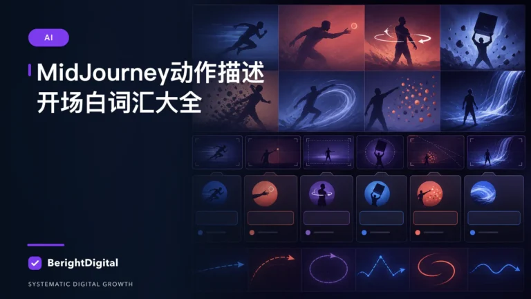 MidJourney动作描述开场白词汇大全封面图，展示动作分镜、动态姿态与提示词构建界面