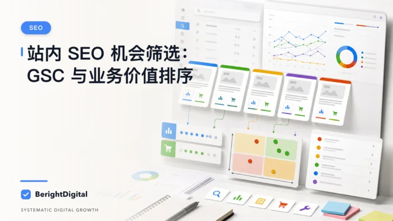 站内 SEO 优化机会筛选 SOP：用 GSC 与业务价值排优先级封面图，展示搜索优化、网站结构与内容策略可视化