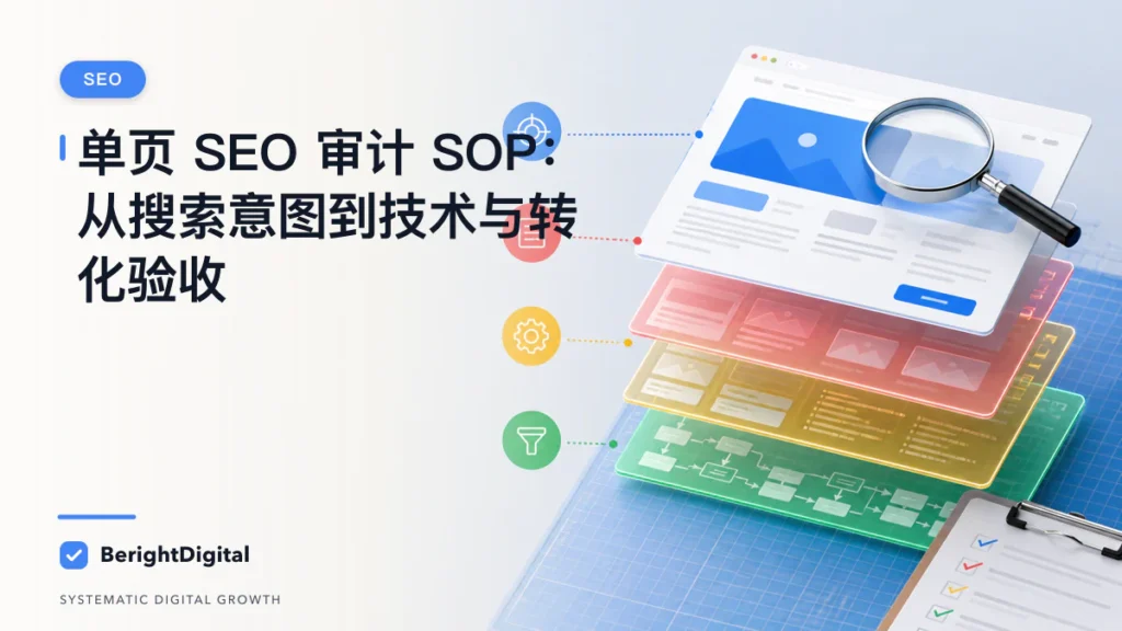 单页 SEO 审计 SOP：从搜索意图到技术与转化验收封面图，展示搜索优化、网站结构与内容策略可视化