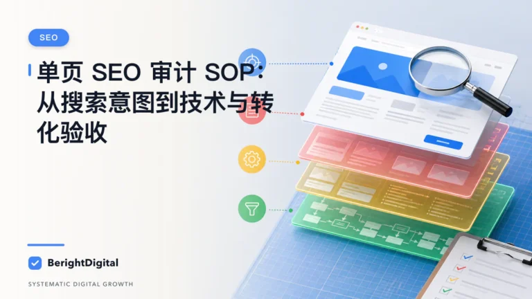 单页 SEO 审计 SOP：从搜索意图到技术与转化验收封面图，展示搜索优化、网站结构与内容策略可视化