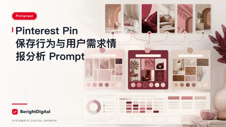 Pinterest Pin 保存行为与用户需求情报分析 Prompt封面图，展示Pinterest 内容卡片、收藏行为与策略分析界面