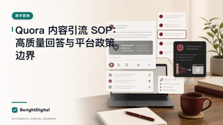 Quora 内容引流 SOP：高质量回答与平台政策边界封面图，展示数字营销主题的数据、流程与策略可视化