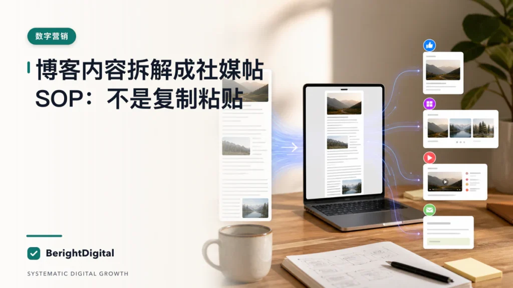 博客内容拆解成社媒帖 SOP：不是复制粘贴封面图，展示搜索优化、网站结构与内容策略可视化