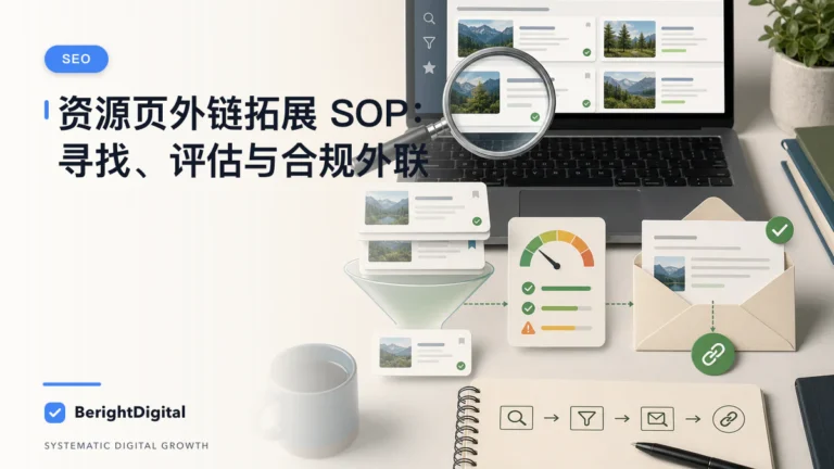 资源页外链拓展 SOP：寻找、评估与合规外联封面图，展示搜索优化、网站结构与内容策略可视化