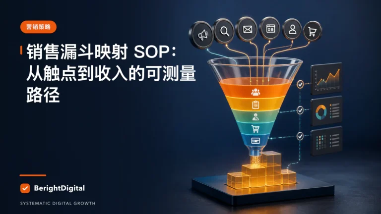 销售漏斗映射 SOP：从触点到收入的可测量路径封面图，展示营销策略主题的数据、流程与策略可视化