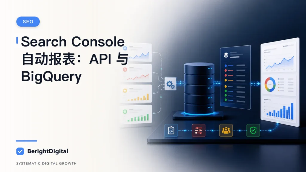 Search Console 自动报表 SOP：API、BigQuery 与口径治理封面图，展示网站分析仪表板、数据追踪与报告流程