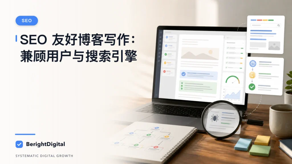 SEO 友好博客写作 SOP：写给用户，也写得让搜索引擎看懂封面图，展示搜索优化、网站结构与内容策略可视化
