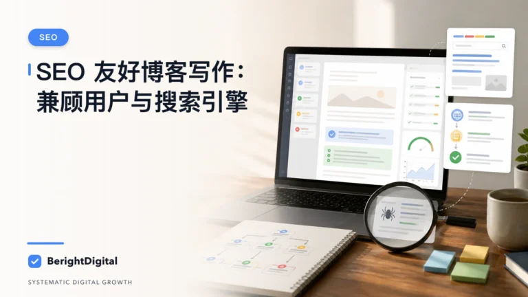 SEO 友好博客写作 SOP：写给用户，也写得让搜索引擎看懂封面图，展示搜索优化、网站结构与内容策略可视化