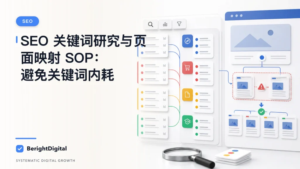SEO 关键词研究与页面映射 SOP：避免关键词内耗封面图，展示搜索优化、网站结构与内容策略可视化