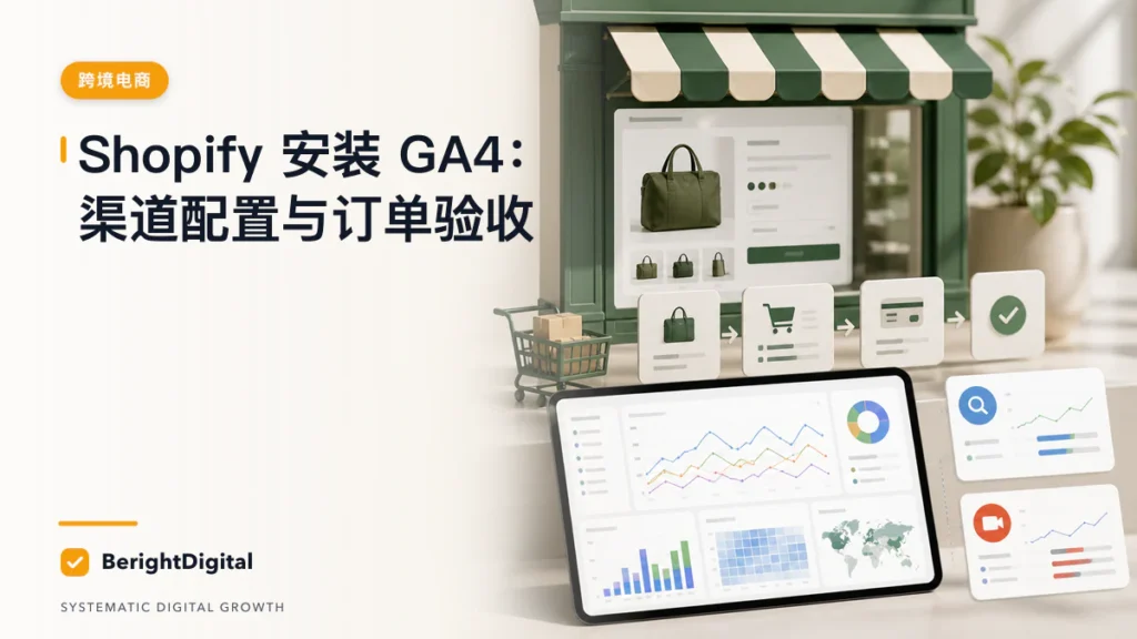 Shopify 安装 GA4 SOP：Google & YouTube 渠道与订单验收封面图，展示网站分析仪表板、数据追踪与报告流程
