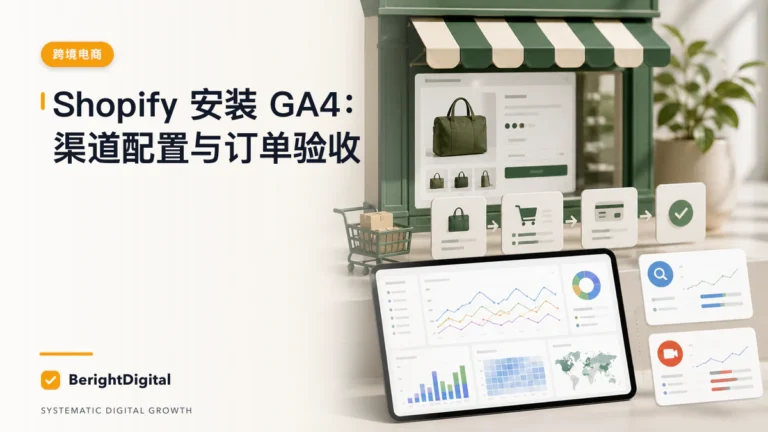 Shopify 安装 GA4 SOP：Google & YouTube 渠道与订单验收封面图，展示网站分析仪表板、数据追踪与报告流程