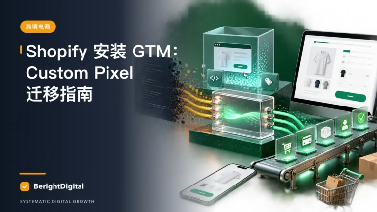 Shopify 安装 GTM SOP：Custom Pixel 与 Checkout 旧代码迁移封面图，展示Shopify 商店、数据追踪与电商运营流程