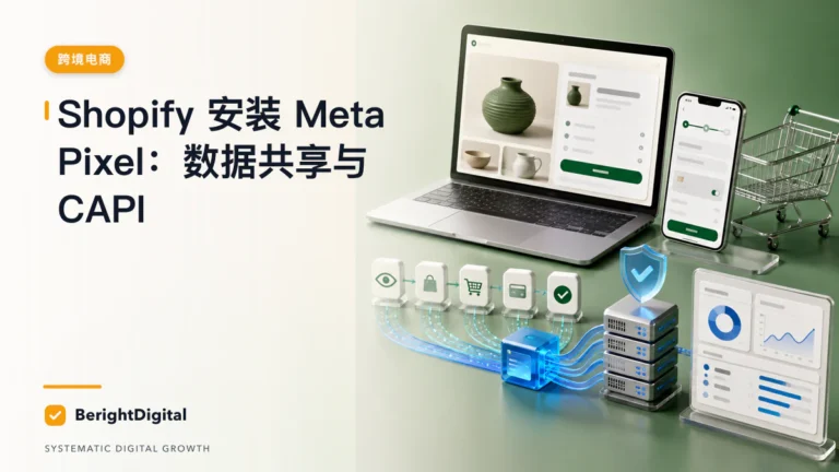 Shopify 安装 Meta Pixel SOP：销售渠道、数据共享与 CAPI封面图，展示Meta 广告投放界面、账户结构与数据流程