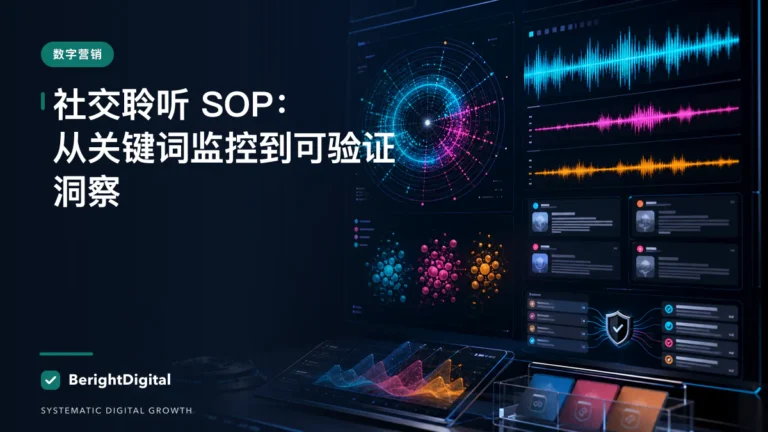 社交聆听 SOP：从关键词监控到可验证洞察封面图，展示搜索优化、网站结构与内容策略可视化