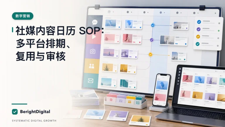 社媒内容日历 SOP：多平台排期、复用与审核封面图，展示数字营销主题的数据、流程与策略可视化