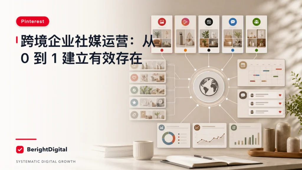 企业社媒运营从0到1：跨境卖家如何快速建立有效的社交媒体存在感？封面图，展示Pinterest 内容卡片、收藏行为与策略分析界面