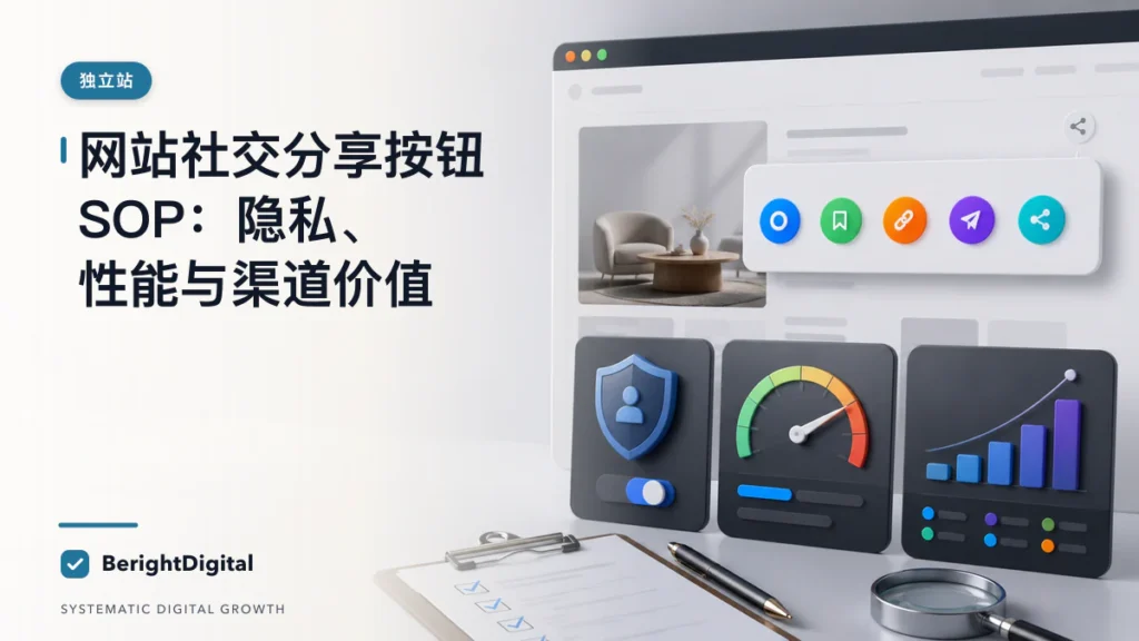 网站社交分享按钮 SOP：隐私、性能与渠道价值封面图，展示独立站主题的数据、流程与策略可视化