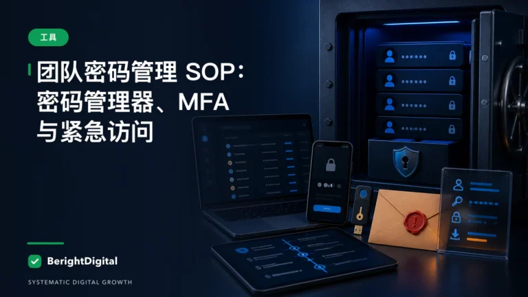 团队密码管理 SOP：密码管理器、MFA 与紧急访问封面图，展示工具主题的数据、流程与策略可视化