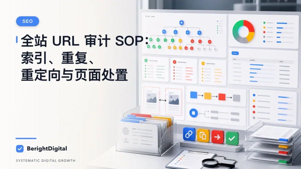 全站 URL 审计 SOP：索引、重复、重定向与页面处置封面图，展示搜索优化、网站结构与内容策略可视化