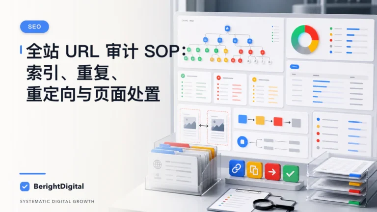 全站 URL 审计 SOP：索引、重复、重定向与页面处置封面图，展示搜索优化、网站结构与内容策略可视化