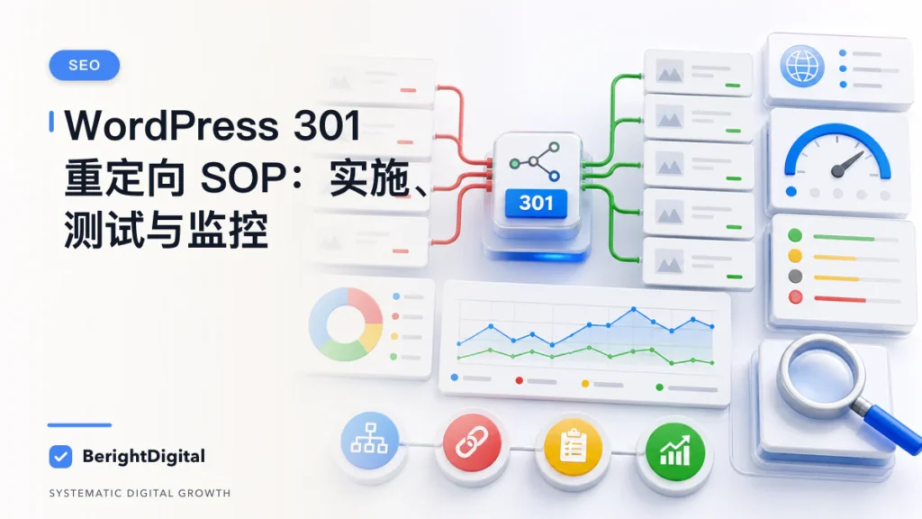 WordPress 301 重定向 SOP：实施、测试与监控封面图，展示WordPress 网站配置、内容与运营流程