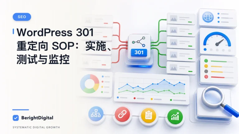 WordPress 301 重定向 SOP：实施、测试与监控封面图，展示WordPress 网站配置、内容与运营流程