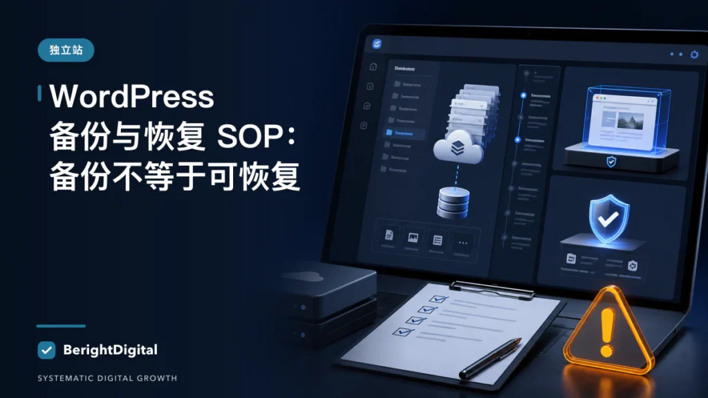 WordPress 备份与恢复 SOP：备份不等于可恢复封面图，展示WordPress 网站配置、内容与运营流程