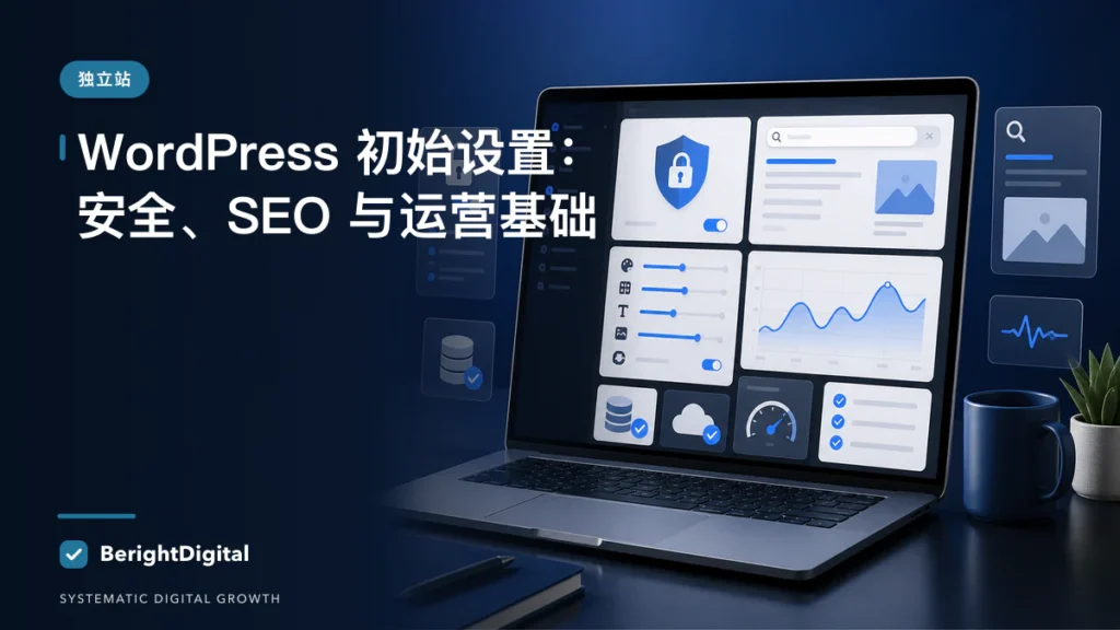 WordPress 初始设置 SOP：安全、SEO 与运营基础一次搭好封面图，展示WordPress 网站配置、内容与运营流程