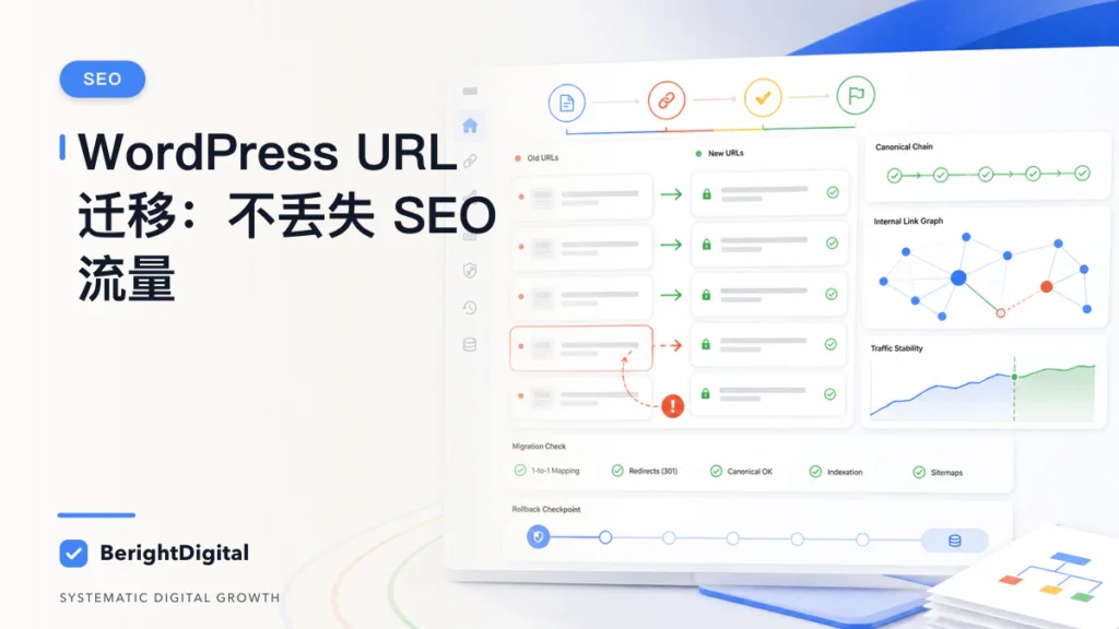 WordPress SEO 友好 URL 迁移 SOP：不丢流量的完整流程封面图，展示WordPress 网站配置、内容与运营流程