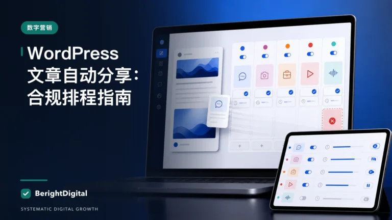 WordPress 新文章自动分享到社媒 SOP：合规排程而非机械刷屏封面图，展示WordPress 网站配置、内容与运营流程
