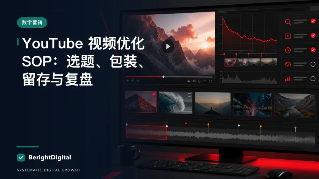 YouTube 视频优化 SOP：选题、包装、留存与复盘封面图，展示视频内容、观众留存与频道优化界面